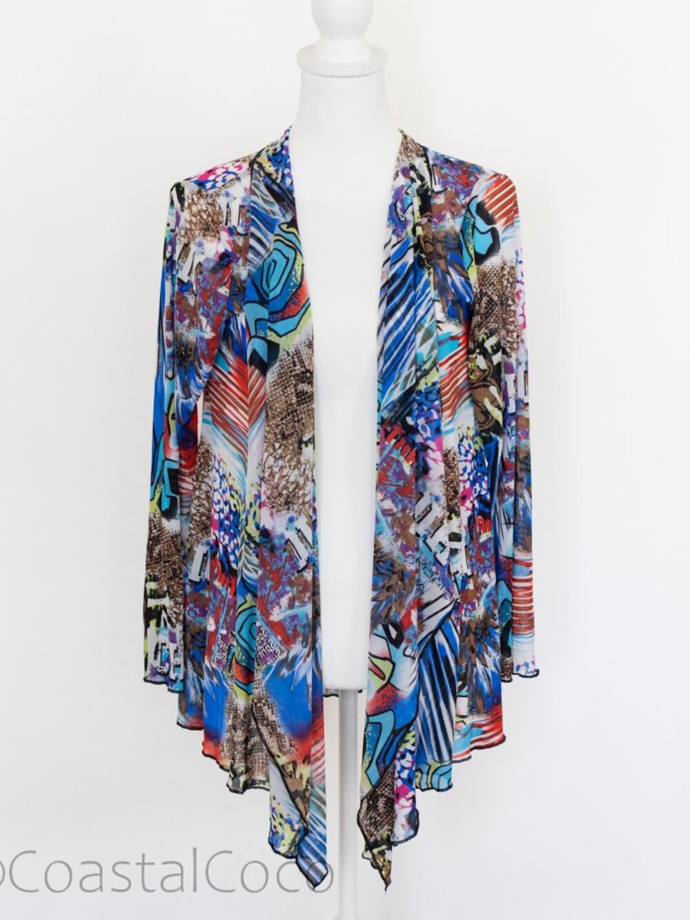 Max & Rina Open Cardigan M Waterfall Wearable Art Colorful Stretchy Draped